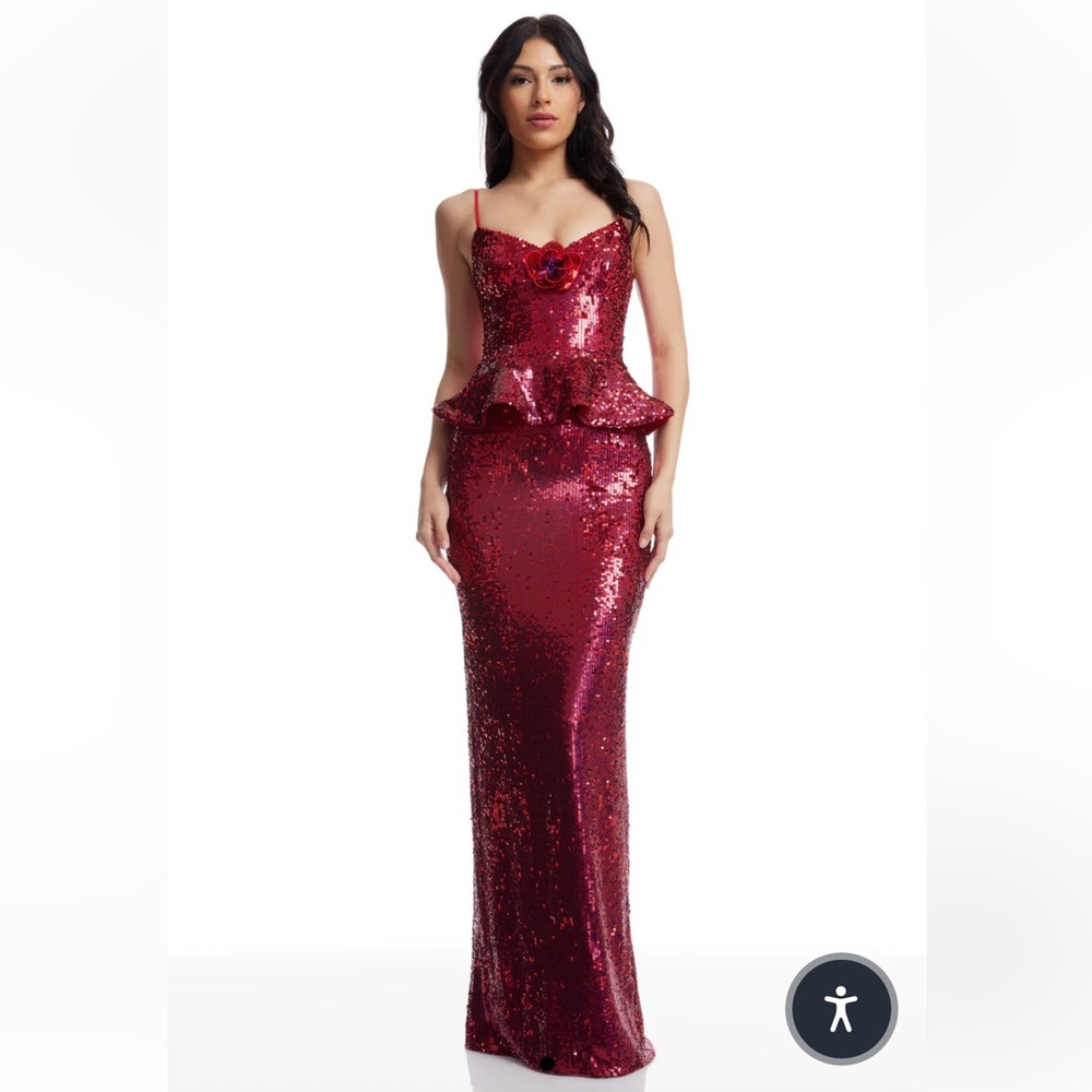 Dress the population Akiah sleeveless red sequin peplum maxi dress sexy XS NWT